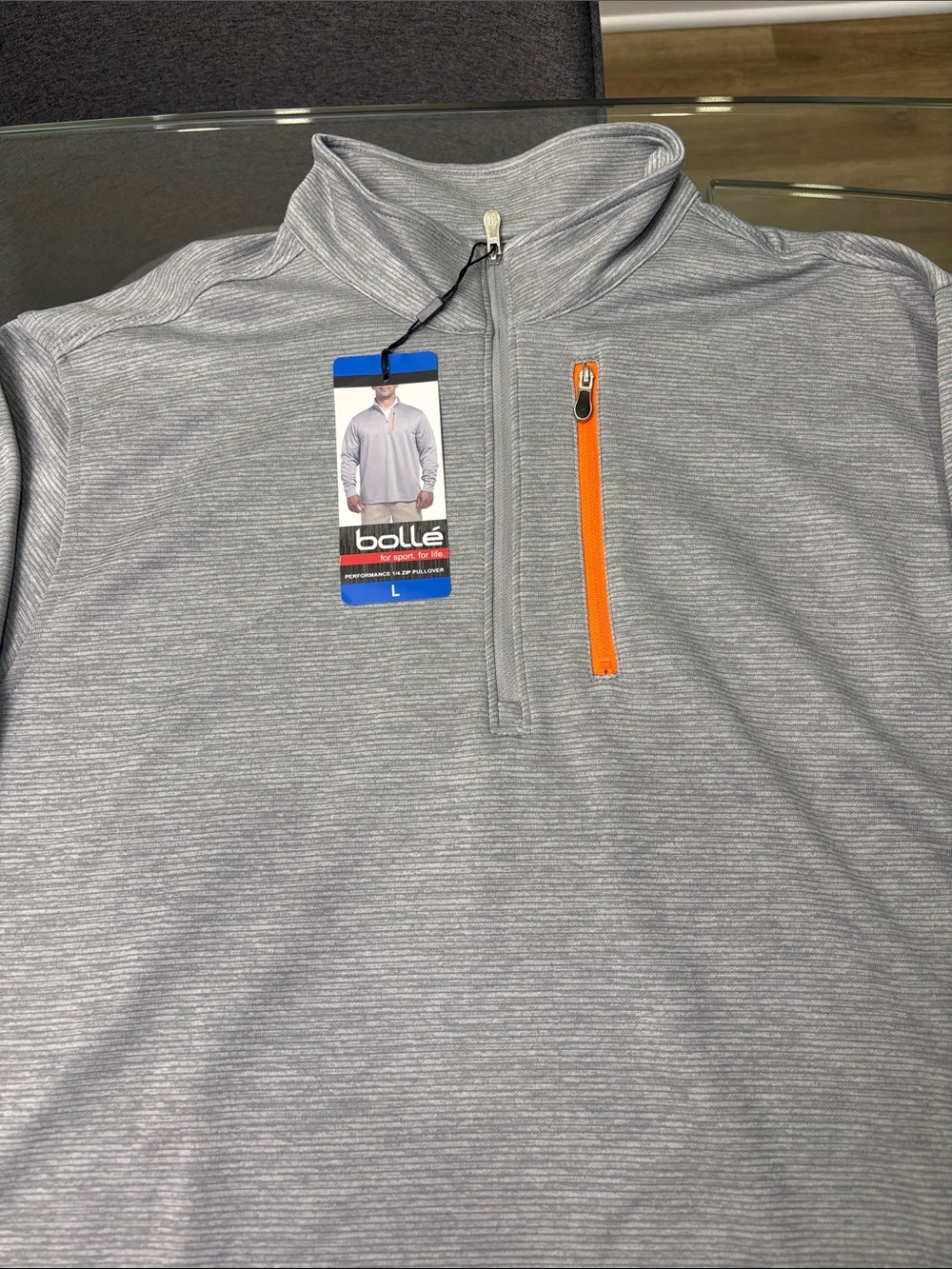 Bollé NWT Men's Light Gray Quarter-Zip Pullover with Orange Zip Pocket large